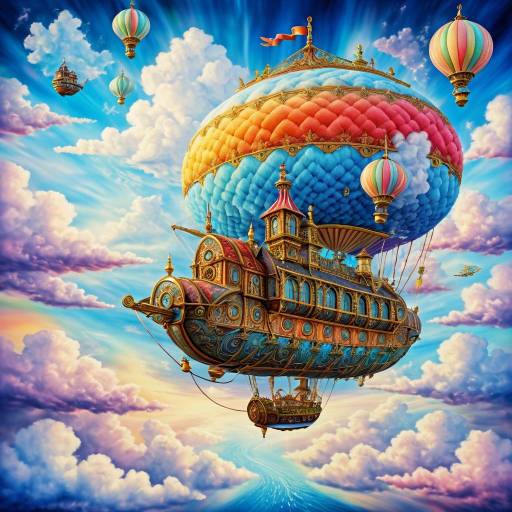 Colorful Fantasy Airship in Cloudy Sky
