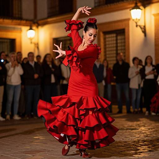 Photograph of a passionate flamenco dancer in a vibrant red ruffled dress, performing under warm streetlights in front of an admiring audience.