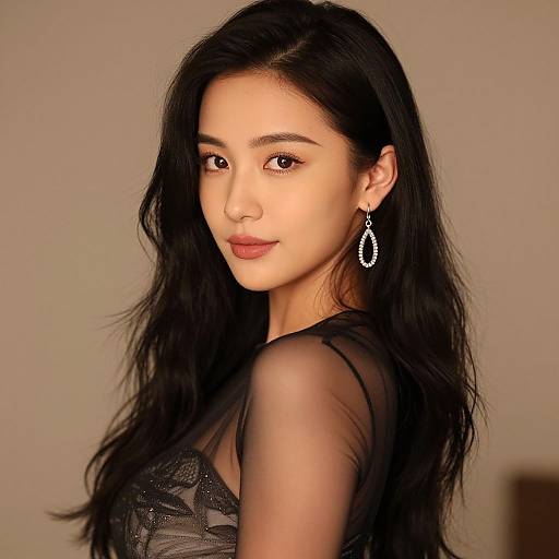 Photograph of an Asian woman with long black hair, wearing a sheer black lace top and diamond drop earrings, smiling softly against a beige background.