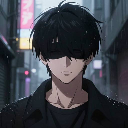 Digital anime-style drawing of a black-haired, blindfolded young man in a dark jacket, standing in a rainy, neon-lit urban alley.