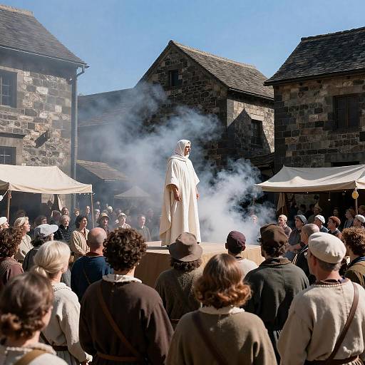 Smoke-Shrouded Preacher in Medieval Marketplace