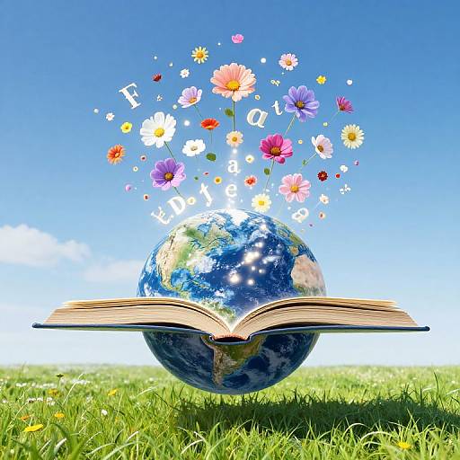 Photograph of an open book with a globe beneath it, surrounded by colorful floating flowers and the letters 