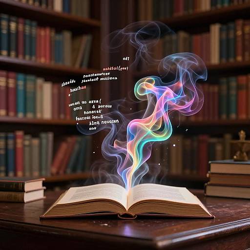 Photograph of an open book emitting colorful, ethereal smoke with magical words floating above, set against a blurred library background.