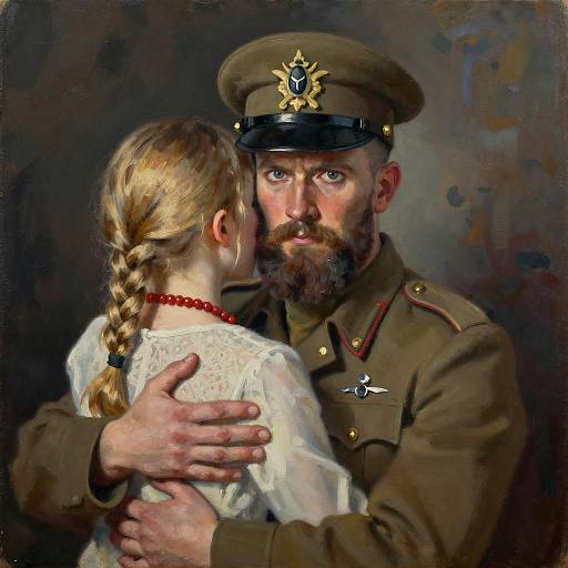 Military Man Embraced by Blonde Girl in Oil Painting