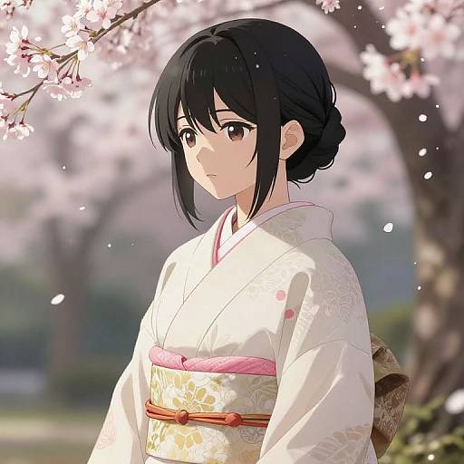 Anime-style digital illustration of a young Japanese woman with black hair, wearing a white kimono with pink obi, standing under blooming cherry blossoms