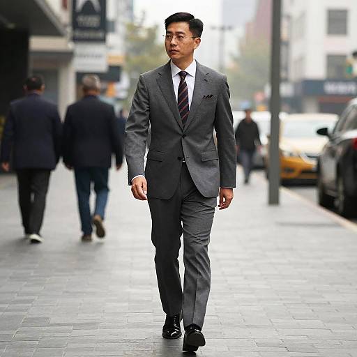 Man in Gray Suit Walking on Urban Street