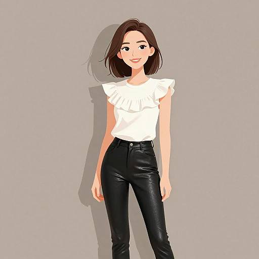 Digital illustration of an Asian woman with shoulder-length brown hair, wearing a white ruffled blouse and black leather pants, standing against a plain gray background.