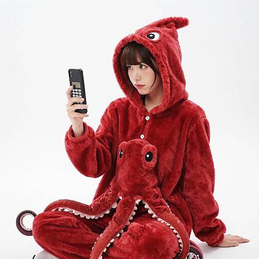 Woman in Red Octopus Kigurumi Pajama Holding Cell Phone