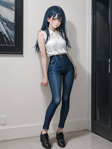 Digital anime-style drawing of a young woman with long black hair, wearing a white sleeveless top, dark blue jeans, and black shoes, standing against