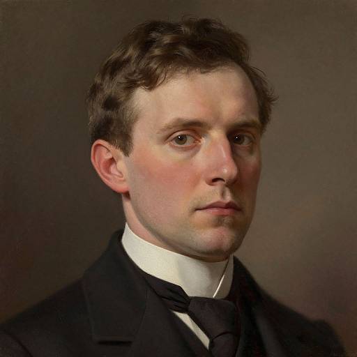 Photograph of a solemn, Caucasian man with short brown hair, fair skin, and green eyes, wearing a black suit, white shirt, and black