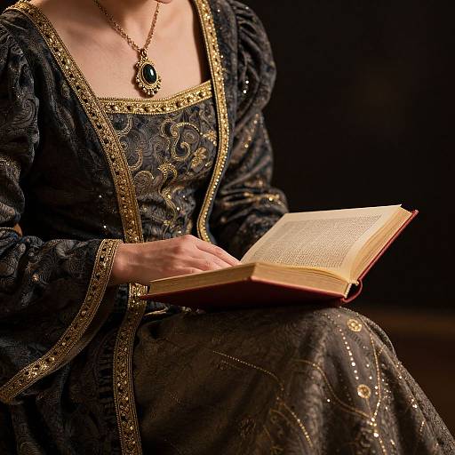 Photograph of a woman in an elaborate black and gold embroidered dress, reading an open book, wearing a black gemstone necklace.