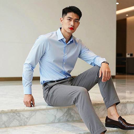 Photograph of a young Asian man with short black hair, wearing a light blue button-up shirt, gray pants, and black loafers, sitting on