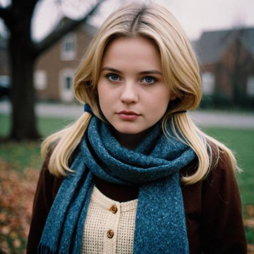 Young Woman with Blonde Hair Wearing Blue Scarf