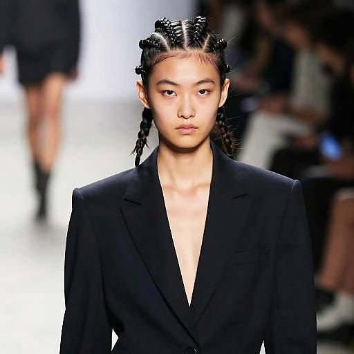 Photograph of an Asian model with braided hair, wearing a black blazer with a deep V-neck, walking on a bright runway.