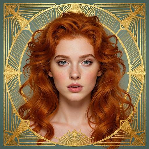 Digital portrait of a fair-skinned, red-haired woman with blue eyes, framed by intricate gold Art Deco patterns on a green background.