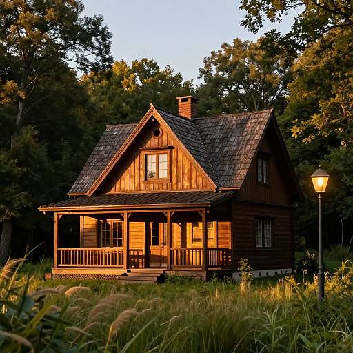Rustic Forest House at Sunset