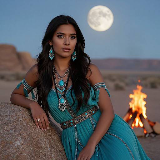 Photograph of a dark-haired woman in a turquoise dress with turquoise jewelry, leaning on a rock by a campfire under a full moon in a desert