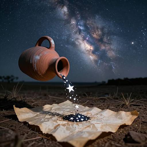 Photograph of a red clay pot pouring sparkling stars onto a crumpled parchment under a starry night sky with the Milky Way.