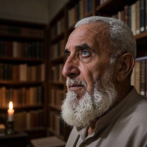 Photograph of an elderly man with white hair and beard, deep blue eyes, in a library, illuminated by a candle.