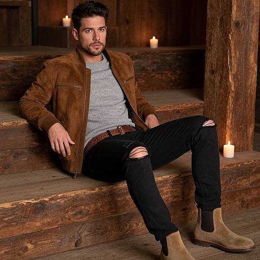 Photograph of a bearded man with dark hair, wearing a brown suede jacket, gray shirt, black ripped jeans, and tan boots, sitting on
