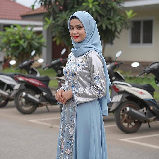 Young Woman in Blue Hijab with Motorcycles