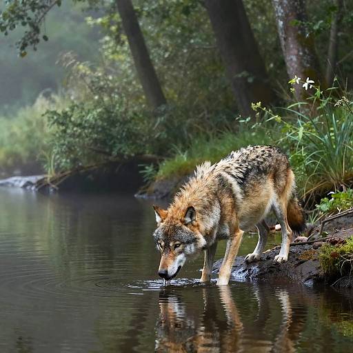 Wolf Drinking at Misty Forest Riverbank