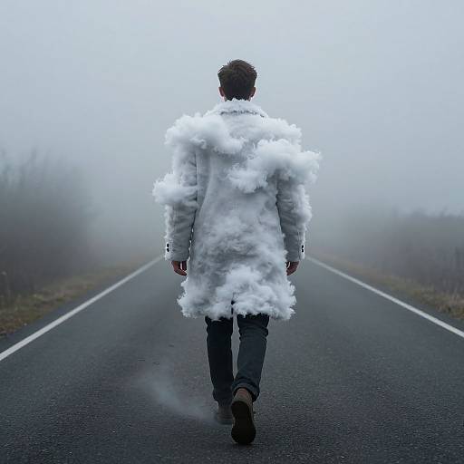 Photograph of a man walking down a foggy, empty road, wearing a white, cloud-like coat, with dark pants and boots.