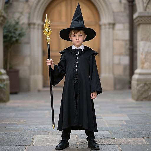 Photograph of a young boy in a black wizard costume with a pointed hat, holding a golden staff, standing in front of a stone church entrance.