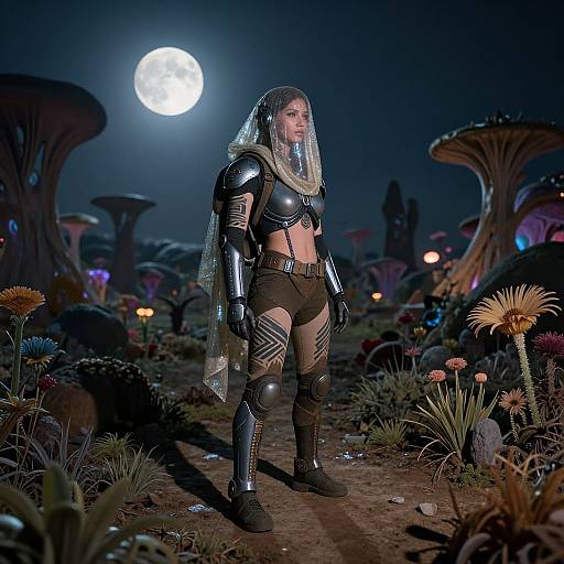 Photorealistic CGI of a futuristic warrior woman in black armor and translucent veil, standing in a glowing, alien moonlit forest.