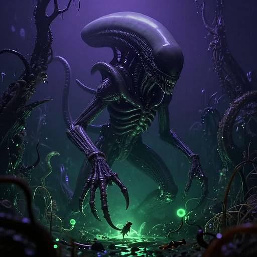 Digital artwork of a glowing, bioluminescent Xenomorph in a dark, eerie alien forest, with neon green bioluminescent plants and