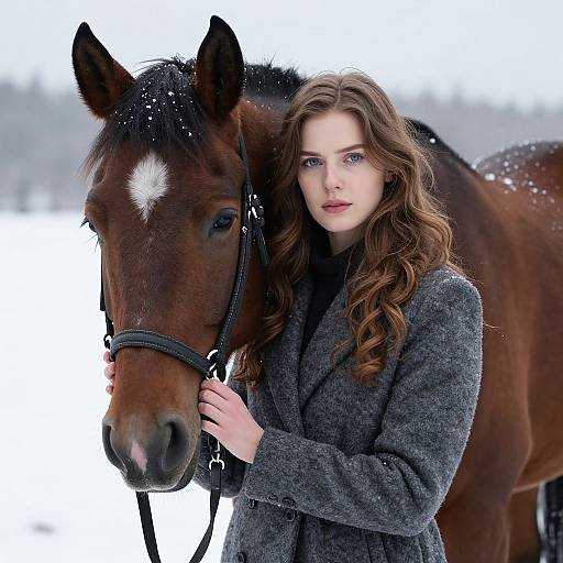 Photograph of a fair-skinned, blue-eyed woman with long brown hair, wearing a gray tweed coat, standing beside a brown horse with a