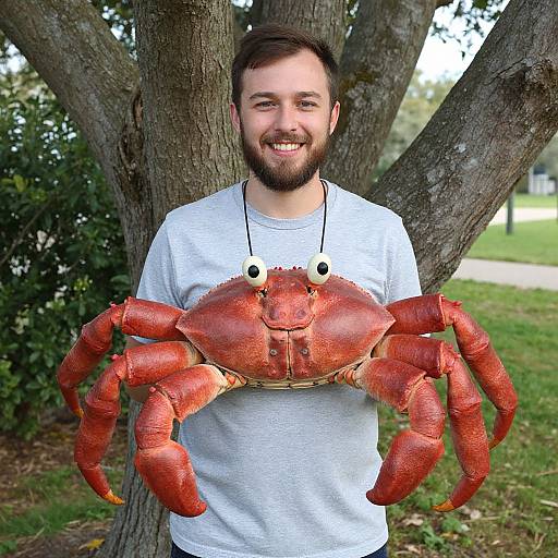 Bearded man with brown hair and beard, wearing white shirt, holding large, realistic red crab costume with black eyes, standing in front of tree in