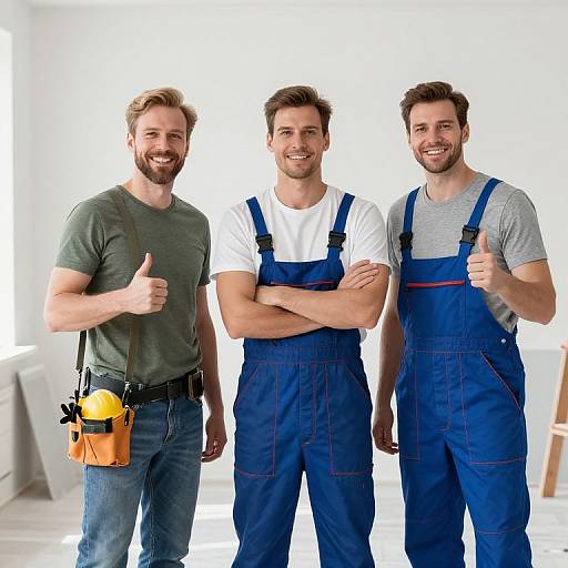 Three Male Workers in Overalls and Tool Belt