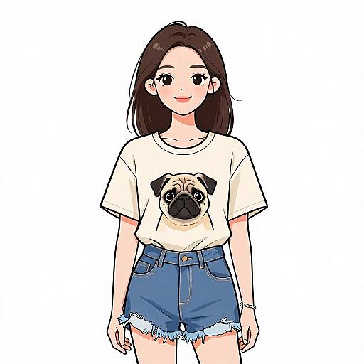 Digital anime-style drawing of a smiling young woman with long brown hair, wearing a white pug T-shirt and blue frayed denim shorts.