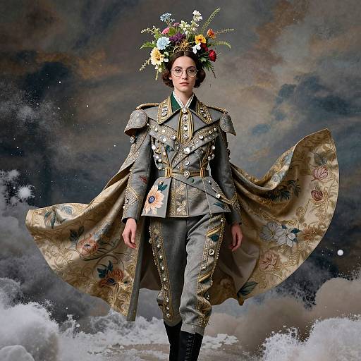 Photograph of a person in a detailed, ornate gray military-style jacket with floral embroidery, flowing cape, and floral crown, standing against a cloudy