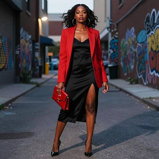 Photograph of a confident Black woman with curly hair, wearing a red blazer, black dress with thigh-high slit, black heels, and red clutch