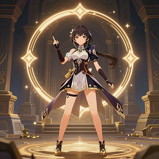 Digital anime-style illustration of a confident, black-haired, brown-eyed female mage with glowing armor, pointing upward, standing on a magical circle in an orn