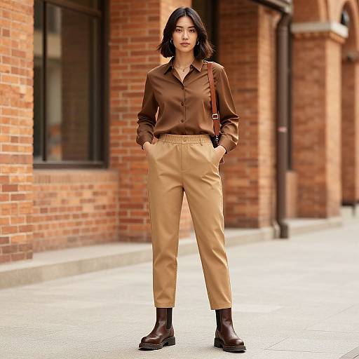 Female Model in Brown Outfit by Brick Building