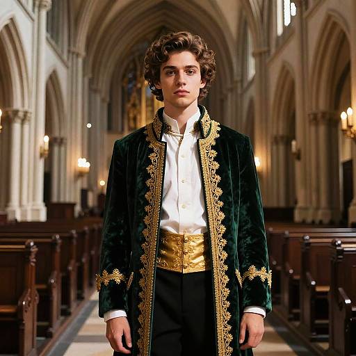 Photograph of a young man with curly brown hair, wearing an ornate green velvet robe with gold embroidery, white shirt, and gold waistband,