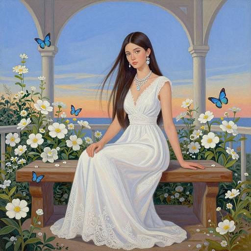 Elegant Woman in Surreal Floral Veranda