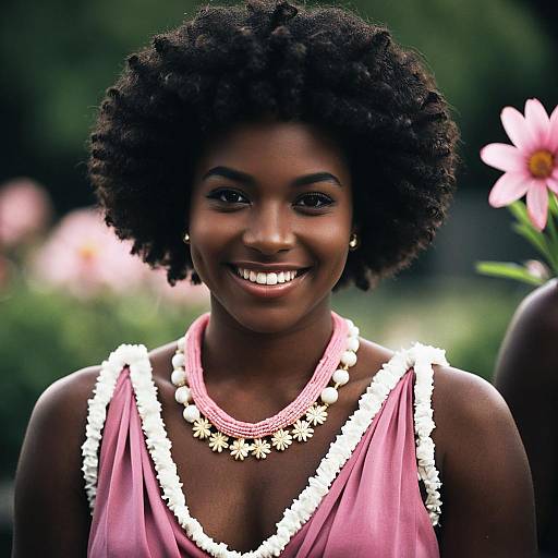 Smiling Dark-Skinned Woman in Pink Toga Costume