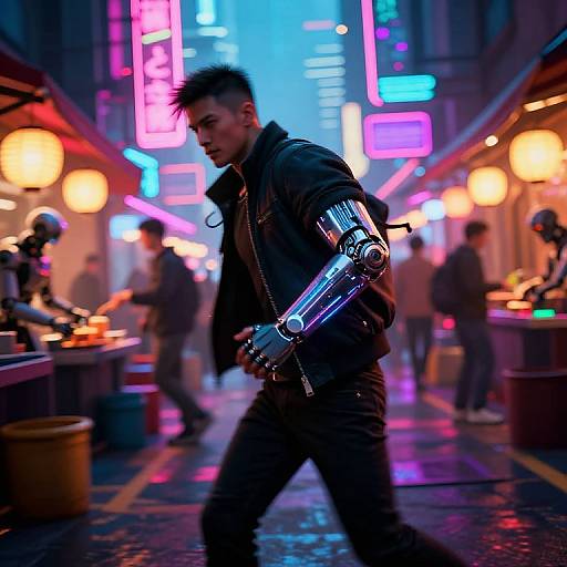 Cyberpunk street scene: Neon-lit alley with glowing signs, robotic arm, spiky-haired man in black jacket walking, blurred pedestrians in background