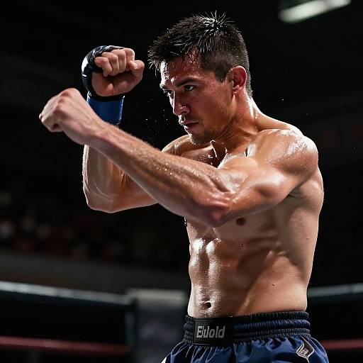 Photograph of a muscular, shirtless male boxer with short black hair, sweating, punching his left arm in a dimly lit boxing ring. He