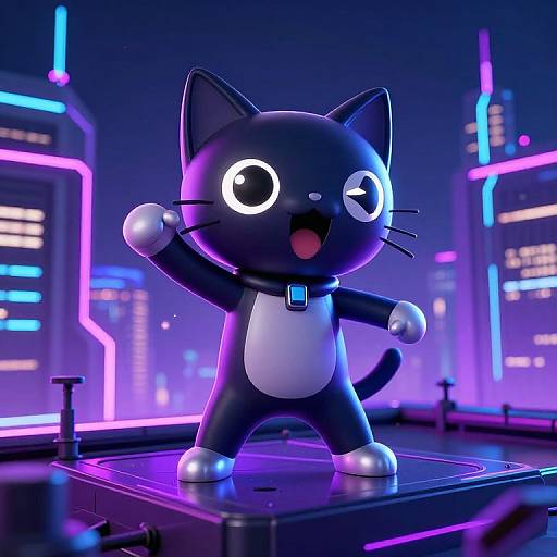 CGI cartoon cat with black fur, white belly, and glowing eyes, standing on a neon-lit city platform, waving arm. Cyberpunk style