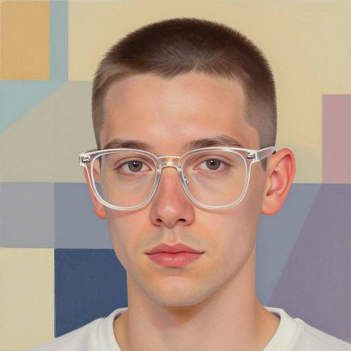 Photorealistic digital portrait of a young man with short brown hair, clear glasses, light skin, and neutral expression, wearing a white shirt, against