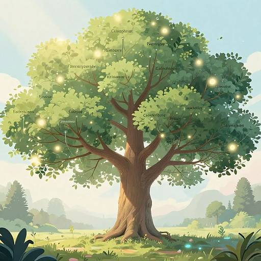 Digital illustration of a large, leafy tree with glowing fireflies, labeled with various family names, set against a bright, sunny meadow.