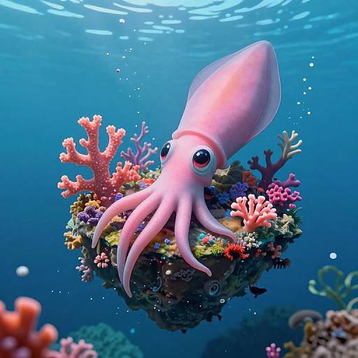 Whimsical Pink Squid with Floating Island