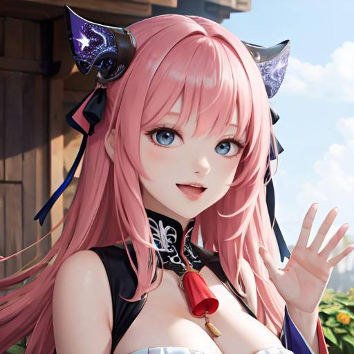 Anime-style digital illustration of a surprised pink-haired girl with blue eyes, large breasts, wearing a navy and white uniform, waving against a bright blue sky