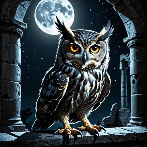 Villainous Owl in Moonlit Ancient Ruin