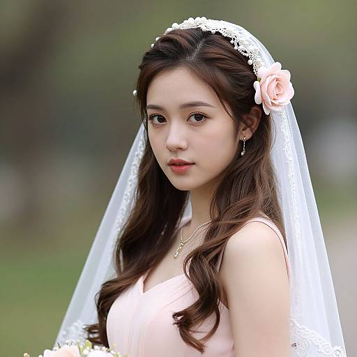Photograph of an Asian woman with long brown hair, wearing a white lace veil, pink flower, white dress, and gold necklace, outdoors.